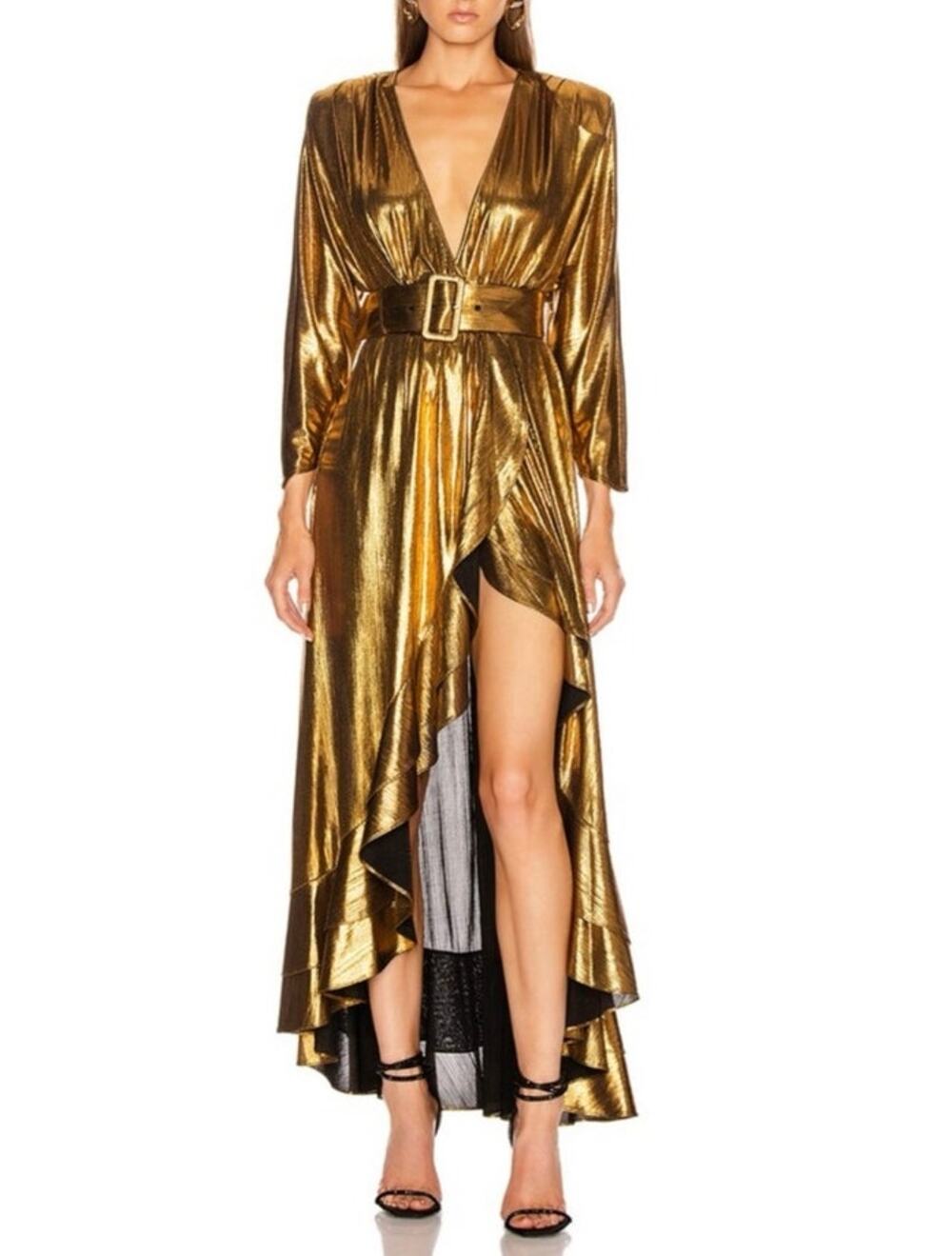 Retrofete Wayne Belted Shiny Plunge Neck Maxi Dress Gold XS Formal